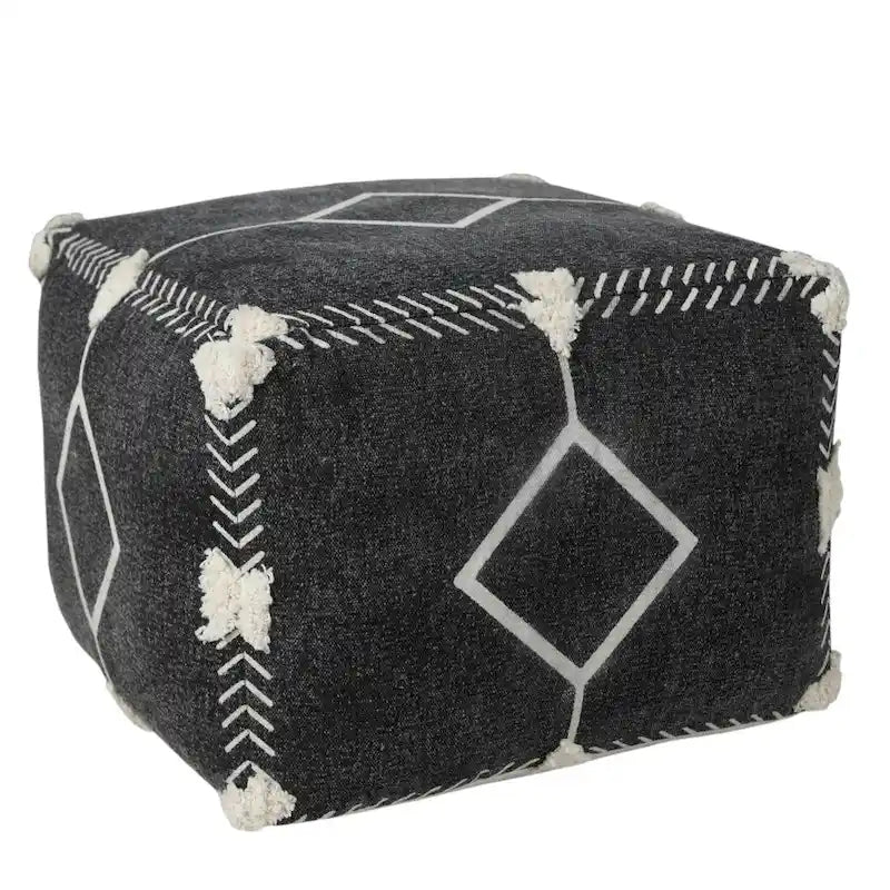 Black Cotton Geometric Tufted Square Pouf Ottoman with Boho Pattern