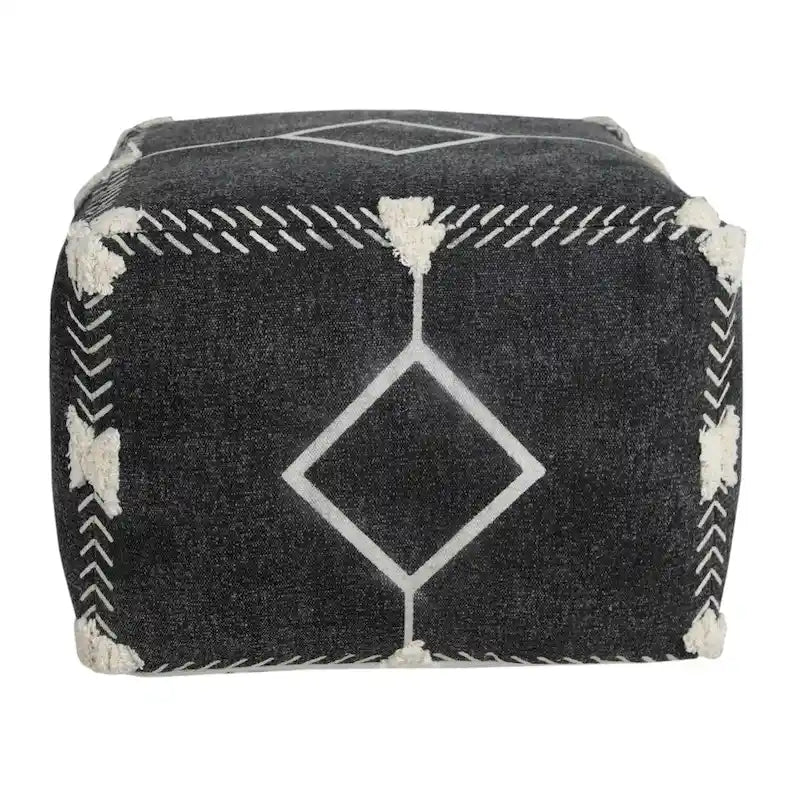 Black Cotton Geometric Tufted Square Pouf Ottoman with Boho Pattern