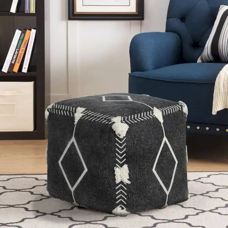 Black Cotton Geometric Tufted Square Pouf Ottoman with Boho Pattern