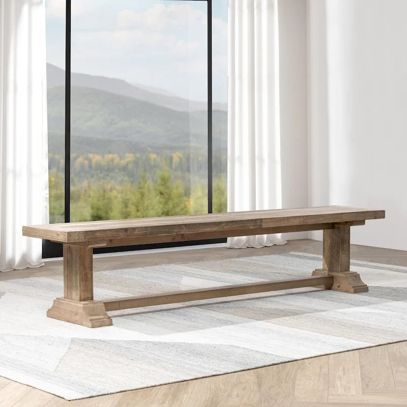 Aged Pine Reclaimed Wood Rustic Farmhouse Dining Bench Pedestal Base