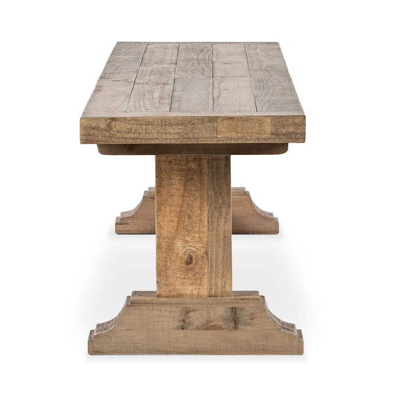 Aged Pine Reclaimed Wood Rustic Farmhouse Dining Bench Pedestal Base