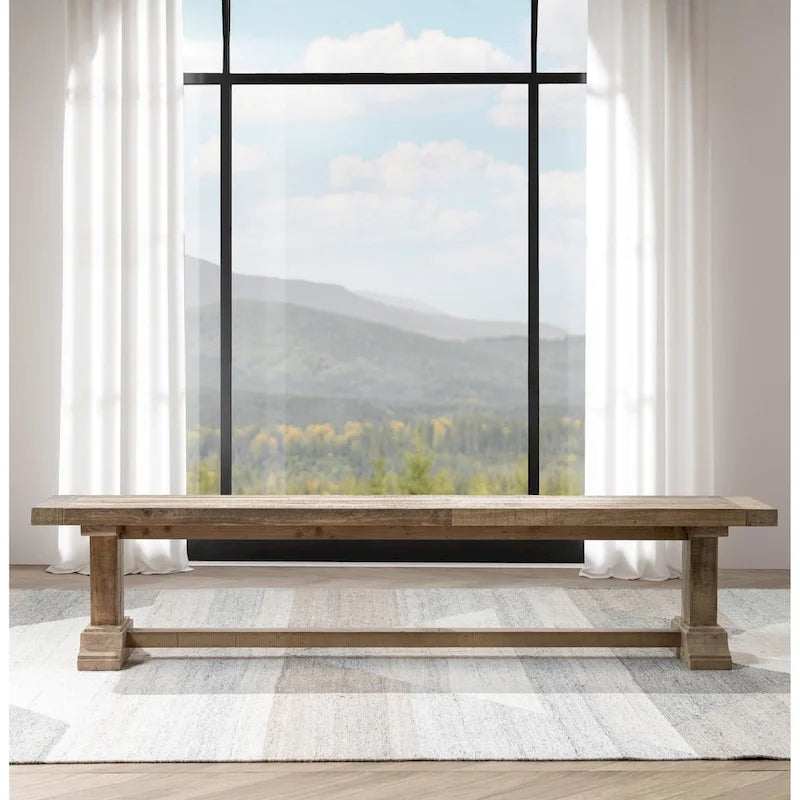 Aged Pine Reclaimed Wood Rustic Farmhouse Dining Bench Pedestal Base