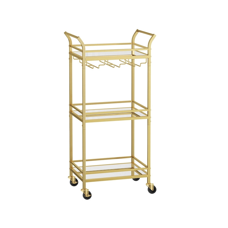 3-Tier Rolling Bar Cart with Mirrored Glass Shelves and Wine Glass Rack Gold Black