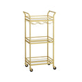 3-Tier Rolling Bar Cart with Mirrored Glass Shelves and Wine Glass Rack Gold Black