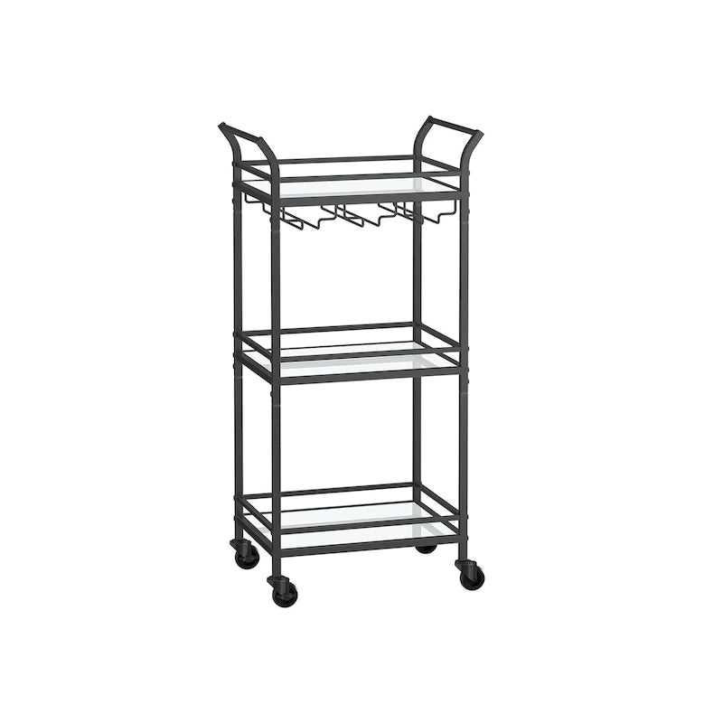 3-Tier Rolling Bar Cart with Mirrored Glass Shelves and Wine Glass Rack Gold Black
