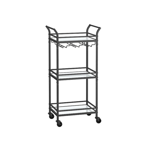3-Tier Rolling Bar Cart with Mirrored Glass Shelves and Wine Glass Rack Gold Black