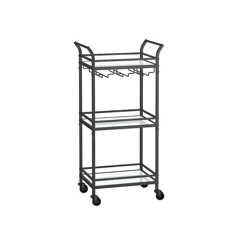 3-Tier Rolling Bar Cart with Mirrored Glass Shelves and Wine Glass Rack Gold Black