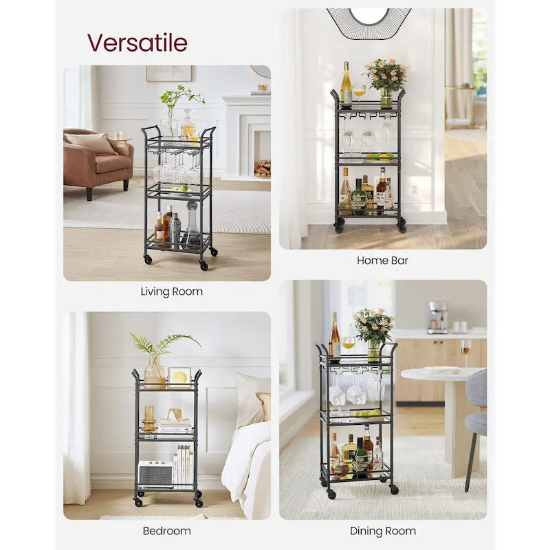 3-Tier Rolling Bar Cart with Mirrored Glass Shelves and Wine Glass Rack Gold Black