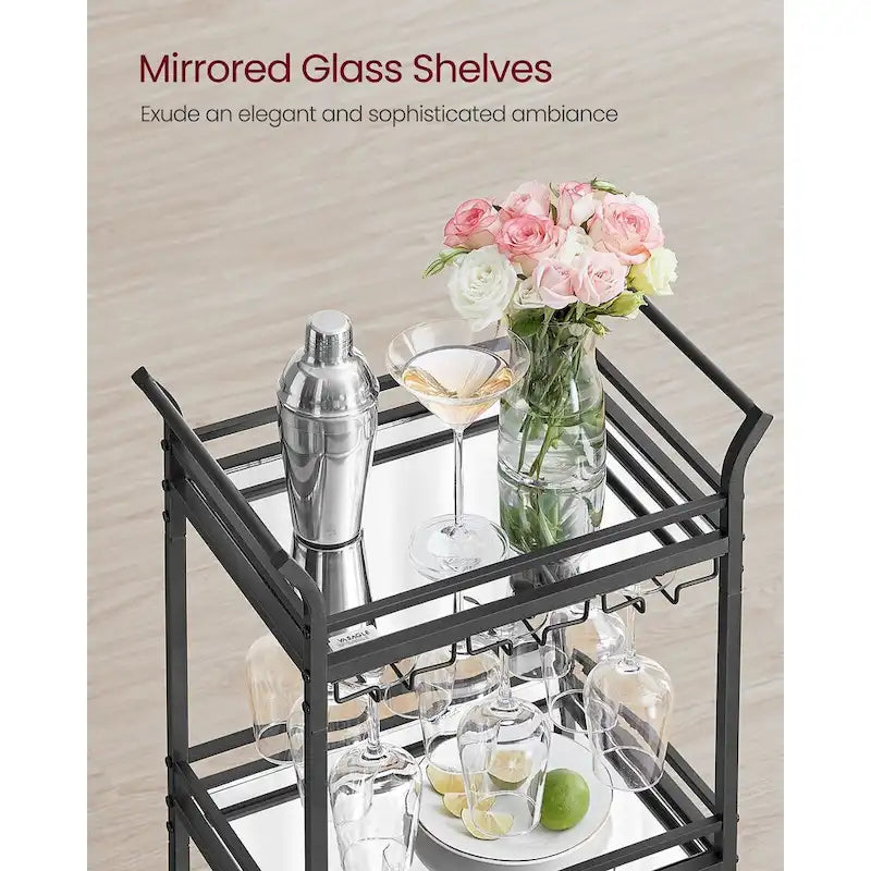 3-Tier Rolling Bar Cart with Mirrored Glass Shelves and Wine Glass Rack Gold Black