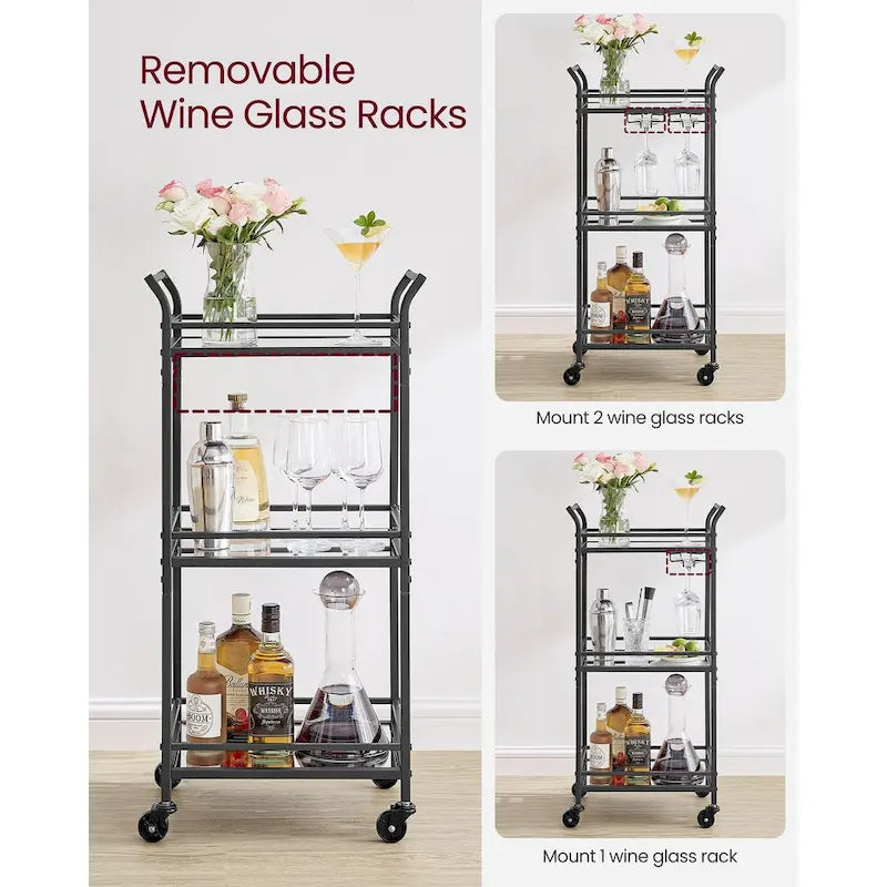 3-Tier Rolling Bar Cart with Mirrored Glass Shelves and Wine Glass Rack Gold Black