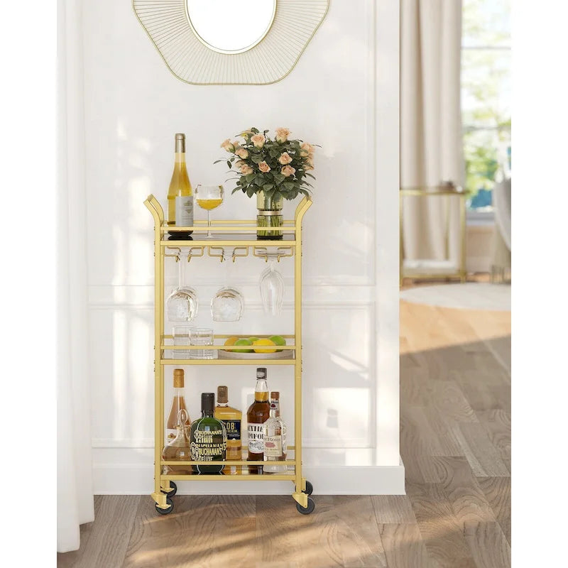 3-Tier Rolling Bar Cart with Mirrored Glass Shelves and Wine Glass Rack Gold Black
