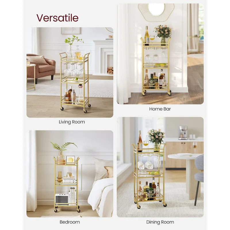 3-Tier Rolling Bar Cart with Mirrored Glass Shelves and Wine Glass Rack Gold Black