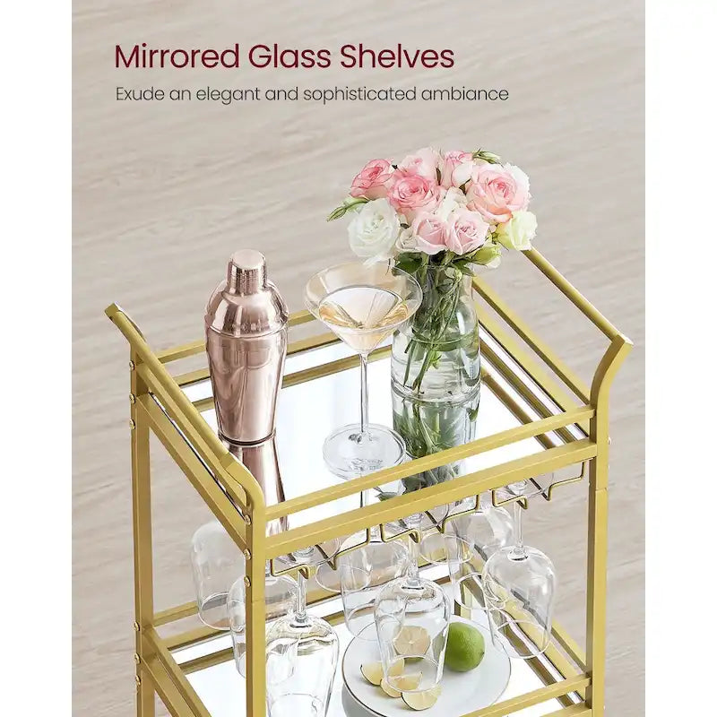 3-Tier Rolling Bar Cart with Mirrored Glass Shelves and Wine Glass Rack Gold Black