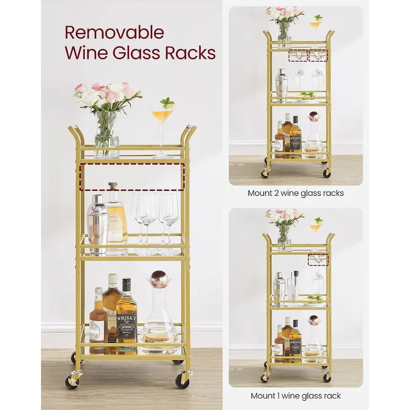 3-Tier Rolling Bar Cart with Mirrored Glass Shelves and Wine Glass Rack Gold Black