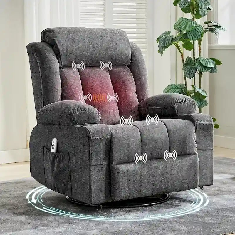 Wide Seat Rocking Recliner Chair with Massage Heat Cup Holder Grey