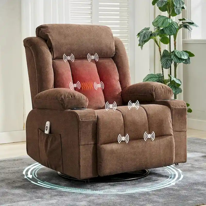 Wide Seat Rocking Recliner Chair with Massage Heat Cup Holder Grey
