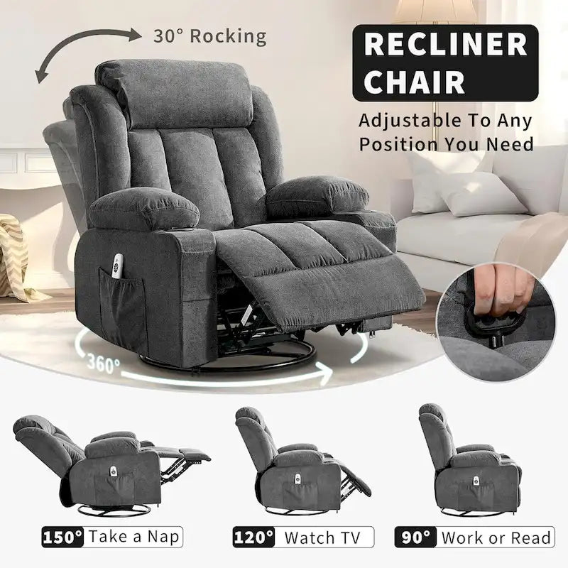 Wide Seat Rocking Recliner Chair with Massage Heat Cup Holder Grey