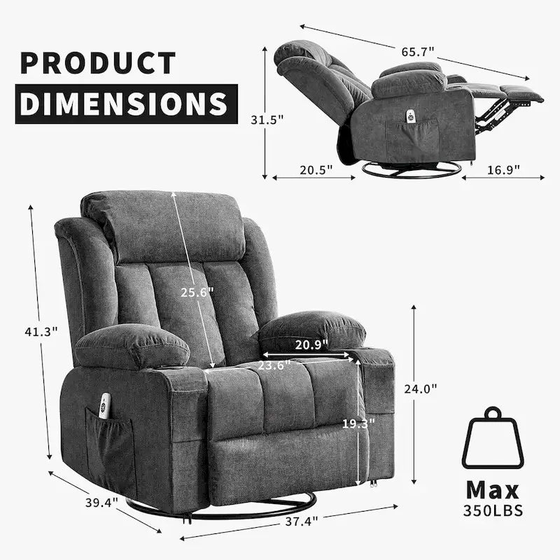 Wide Seat Rocking Recliner Chair with Massage Heat Cup Holder Grey
