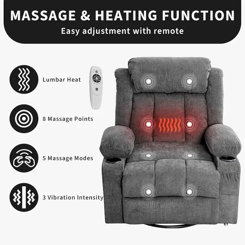Wide Seat Rocking Recliner Chair with Massage Heat Cup Holder Grey