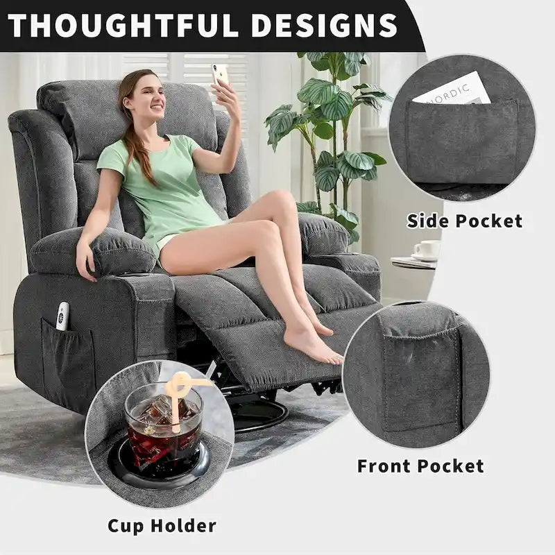 Wide Seat Rocking Recliner Chair with Massage Heat Cup Holder Grey