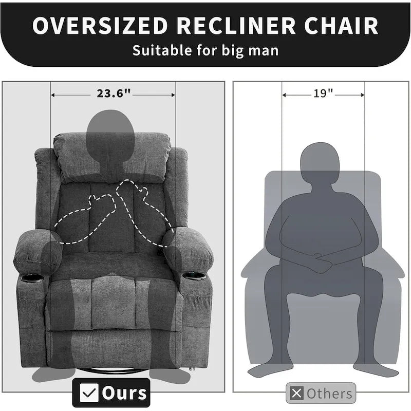 Wide Seat Rocking Recliner Chair with Massage Heat Cup Holder Grey