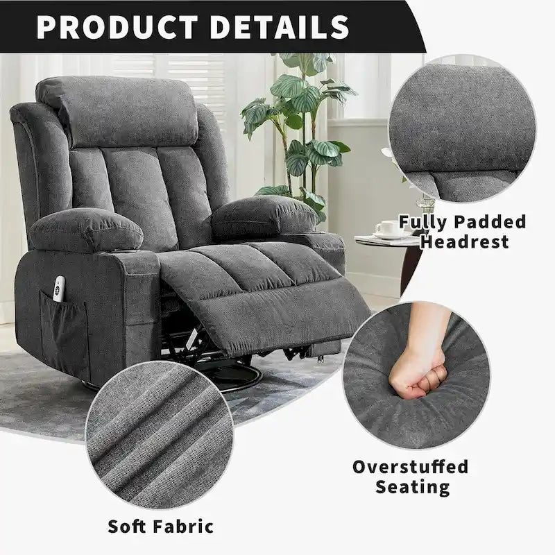 Wide Seat Rocking Recliner Chair with Massage Heat Cup Holder Grey