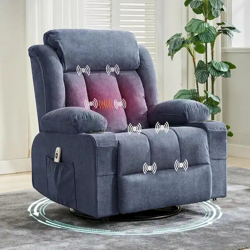 Wide Seat Rocking Recliner Chair with Massage Heat Cup Holder Grey