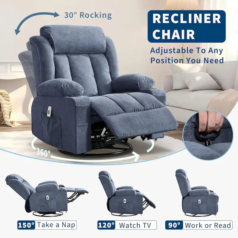 Wide Seat Rocking Recliner Chair with Massage Heat Cup Holder Grey