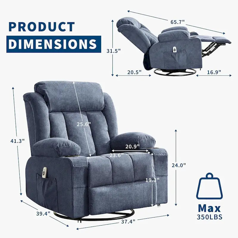 Wide Seat Rocking Recliner Chair with Massage Heat Cup Holder Grey