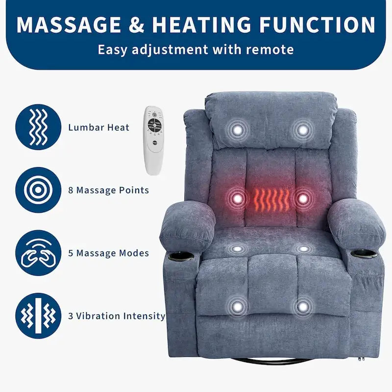 Wide Seat Rocking Recliner Chair with Massage Heat Cup Holder Grey