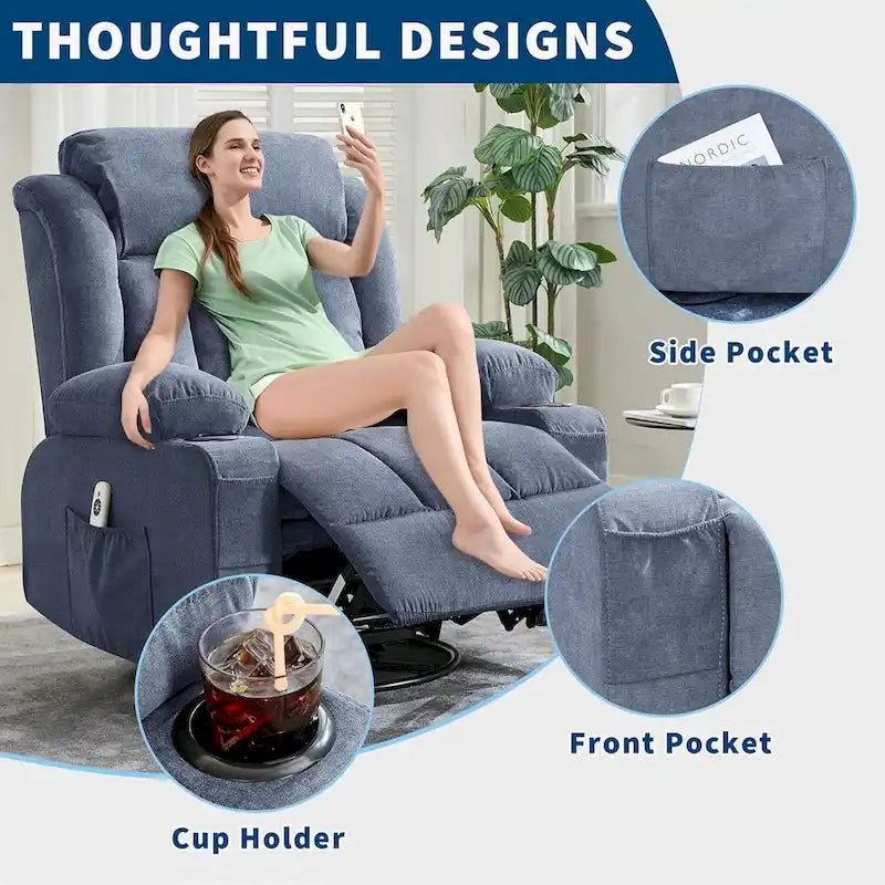 Wide Seat Rocking Recliner Chair with Massage Heat Cup Holder Grey