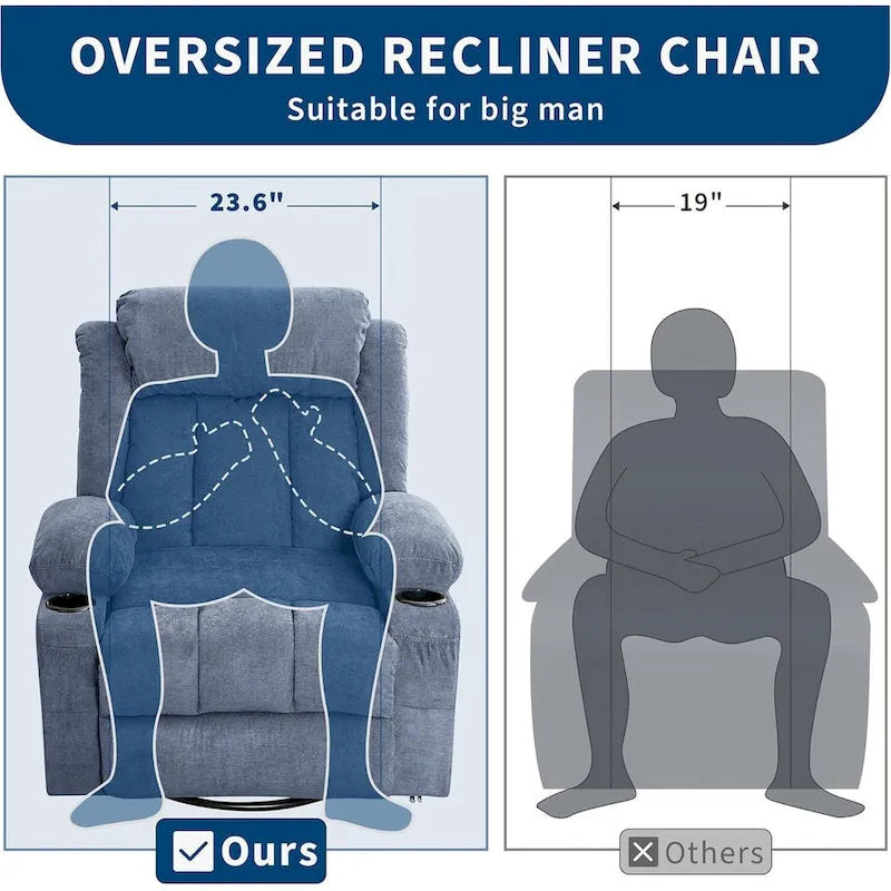 Wide Seat Rocking Recliner Chair with Massage Heat Cup Holder Grey