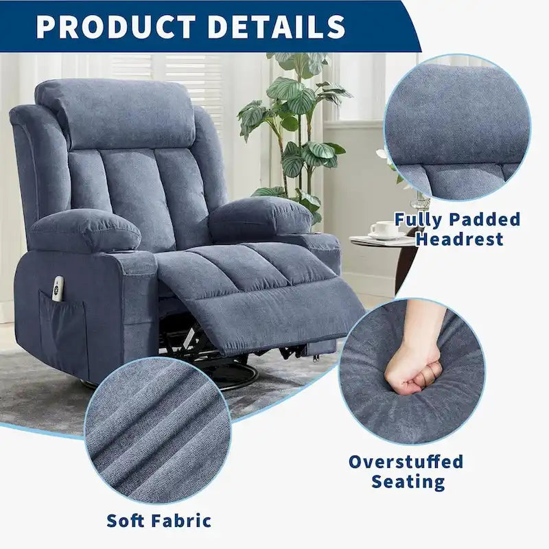 Wide Seat Rocking Recliner Chair with Massage Heat Cup Holder Grey