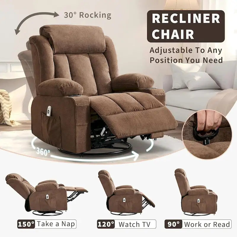 Wide Seat Rocking Recliner Chair with Massage Heat Cup Holder Grey