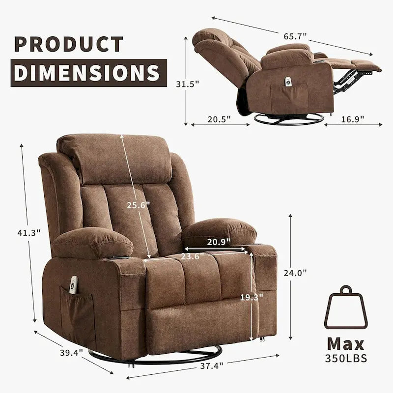 Wide Seat Rocking Recliner Chair with Massage Heat Cup Holder Grey