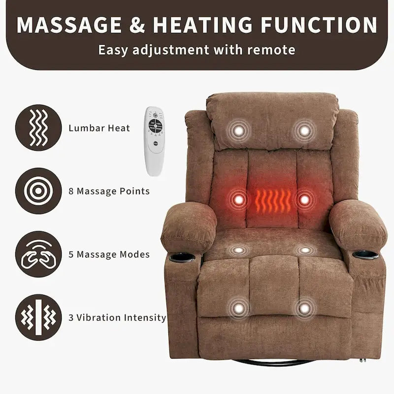 Wide Seat Rocking Recliner Chair with Massage Heat Cup Holder Grey