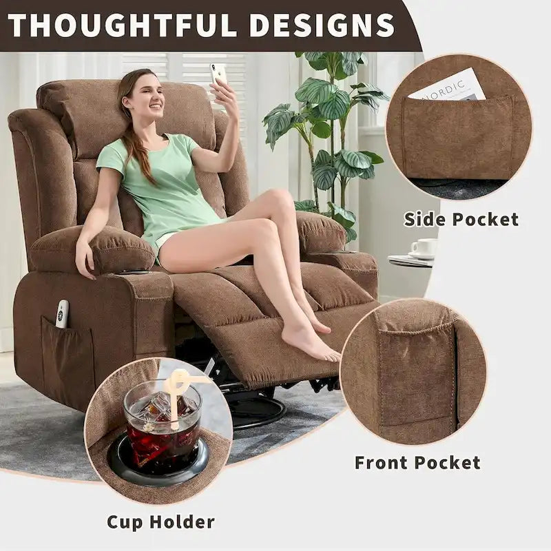 Wide Seat Rocking Recliner Chair with Massage Heat Cup Holder Grey