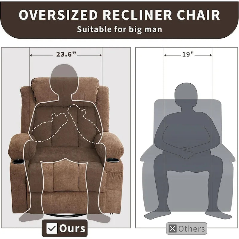 Wide Seat Rocking Recliner Chair with Massage Heat Cup Holder Grey