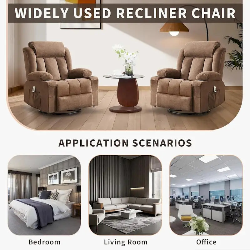 Wide Seat Rocking Recliner Chair with Massage Heat Cup Holder Grey