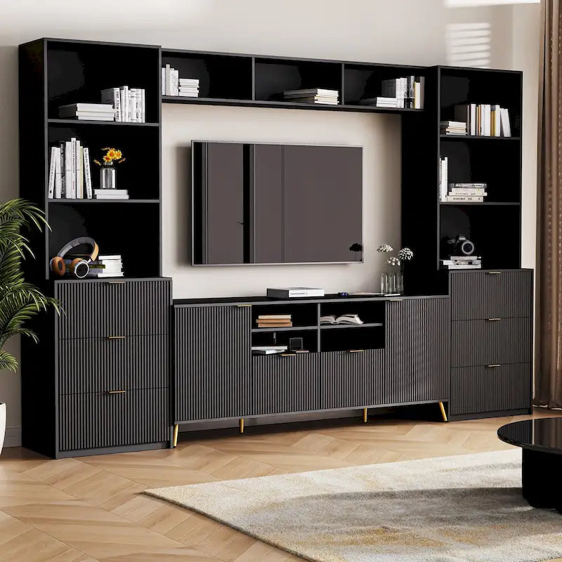 Black Fluted TV Stand with Open Bookshelf Cabinets Drawers Media Console