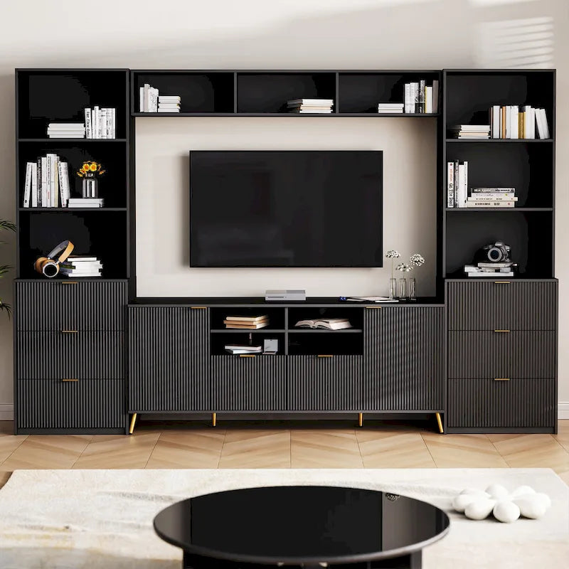 Black Fluted TV Stand with Open Bookshelf Cabinets Drawers Media Console