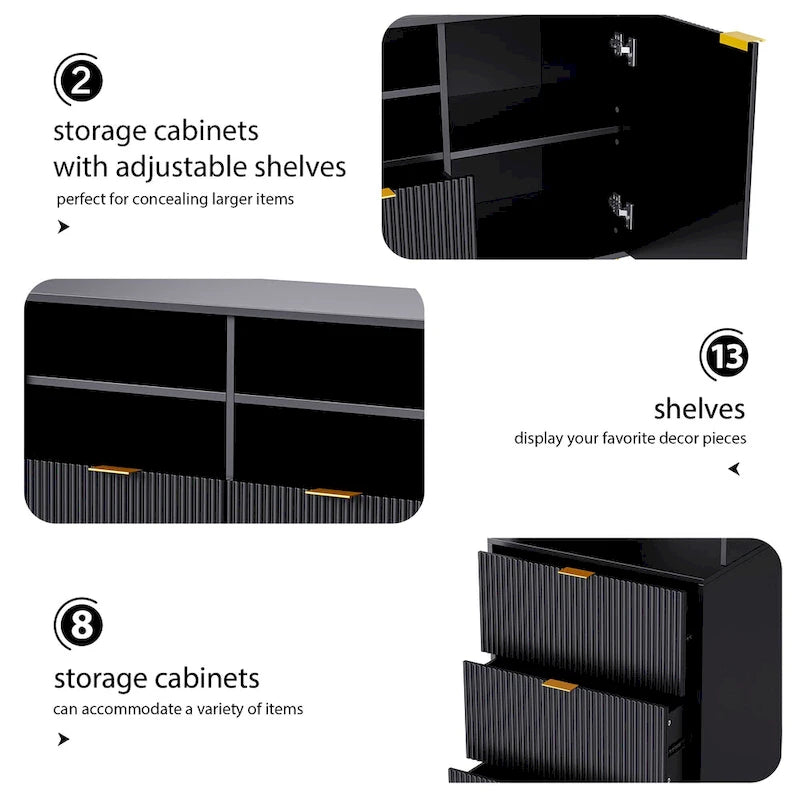Black Fluted TV Stand with Open Bookshelf Cabinets Drawers Media Console