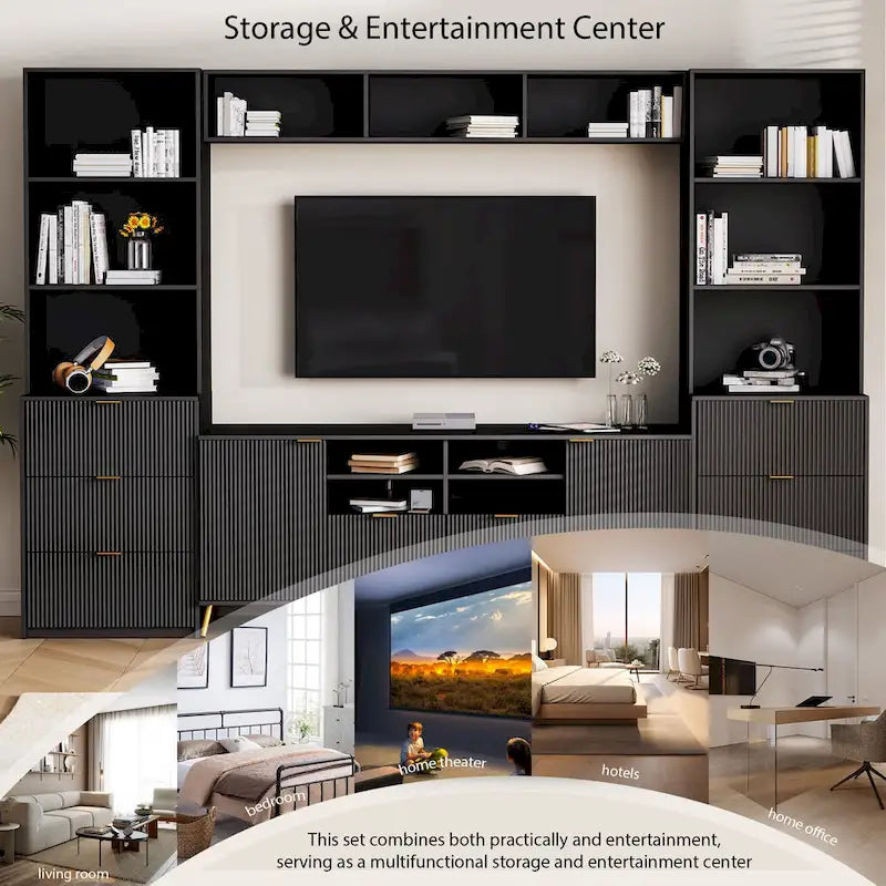 Black Fluted TV Stand with Open Bookshelf Cabinets Drawers Media Console