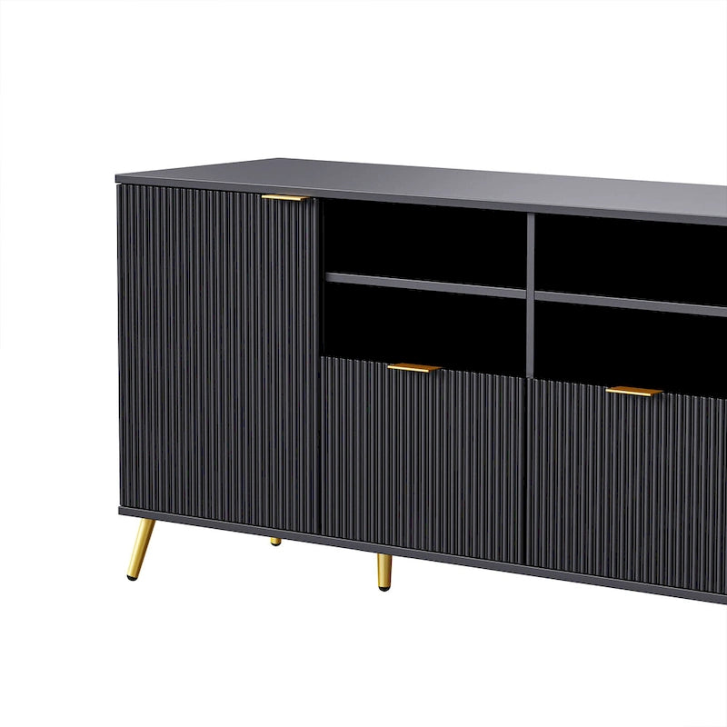 Black Fluted TV Stand with Open Bookshelf Cabinets Drawers Media Console