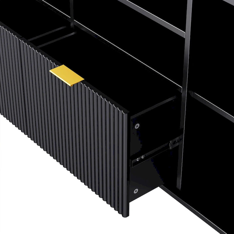 Black Fluted TV Stand with Open Bookshelf Cabinets Drawers Media Console