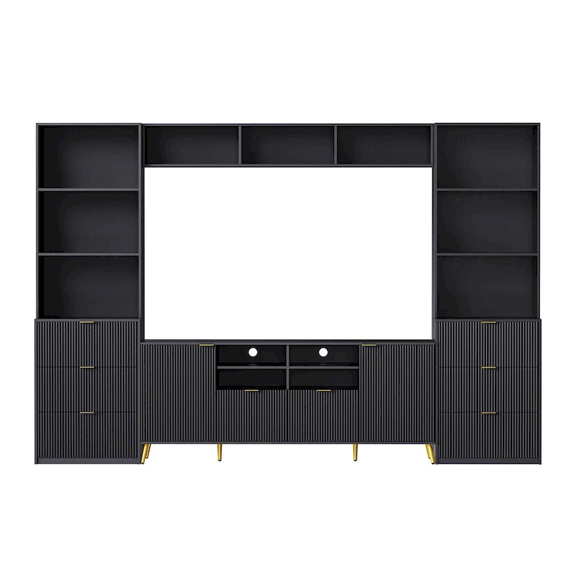 Black Fluted TV Stand with Open Bookshelf Cabinets Drawers Media Console