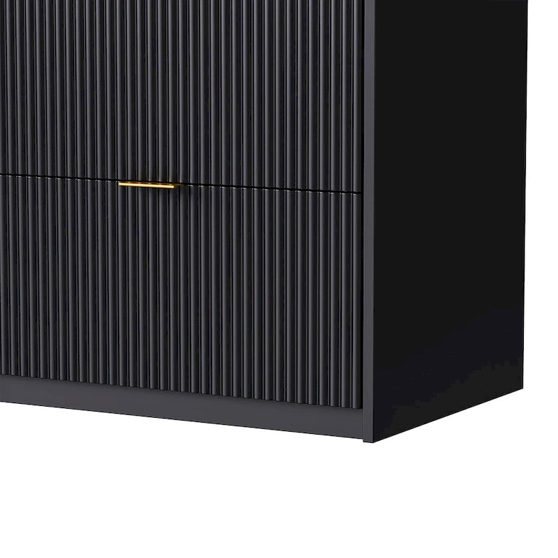 Black Fluted TV Stand with Open Bookshelf Cabinets Drawers Media Console
