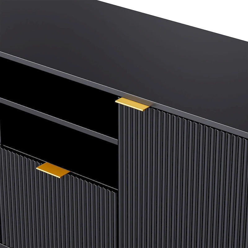 Black Fluted TV Stand with Open Bookshelf Cabinets Drawers Media Console