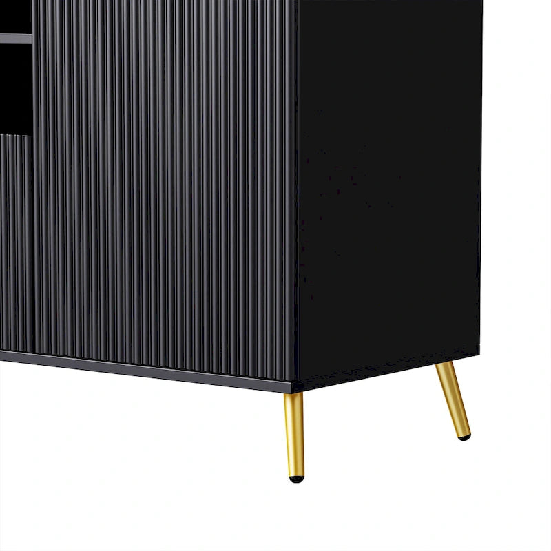 Black Fluted TV Stand with Open Bookshelf Cabinets Drawers Media Console