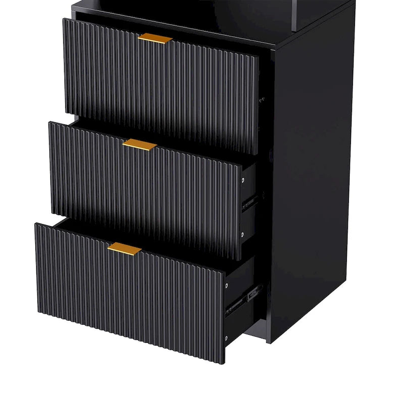 Black Fluted TV Stand with Open Bookshelf Cabinets Drawers Media Console